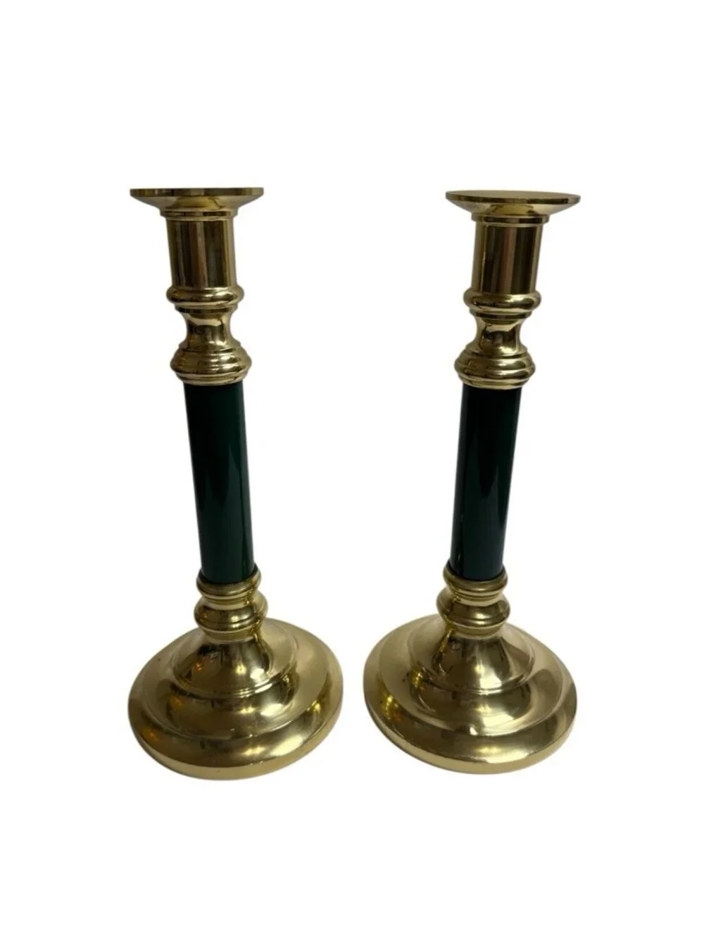 VTG Brass w/ Green Accent Set of 2 Candle Stick Holder 9.5